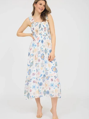 Fruit Print Smocked Sleeveless Midi Dress