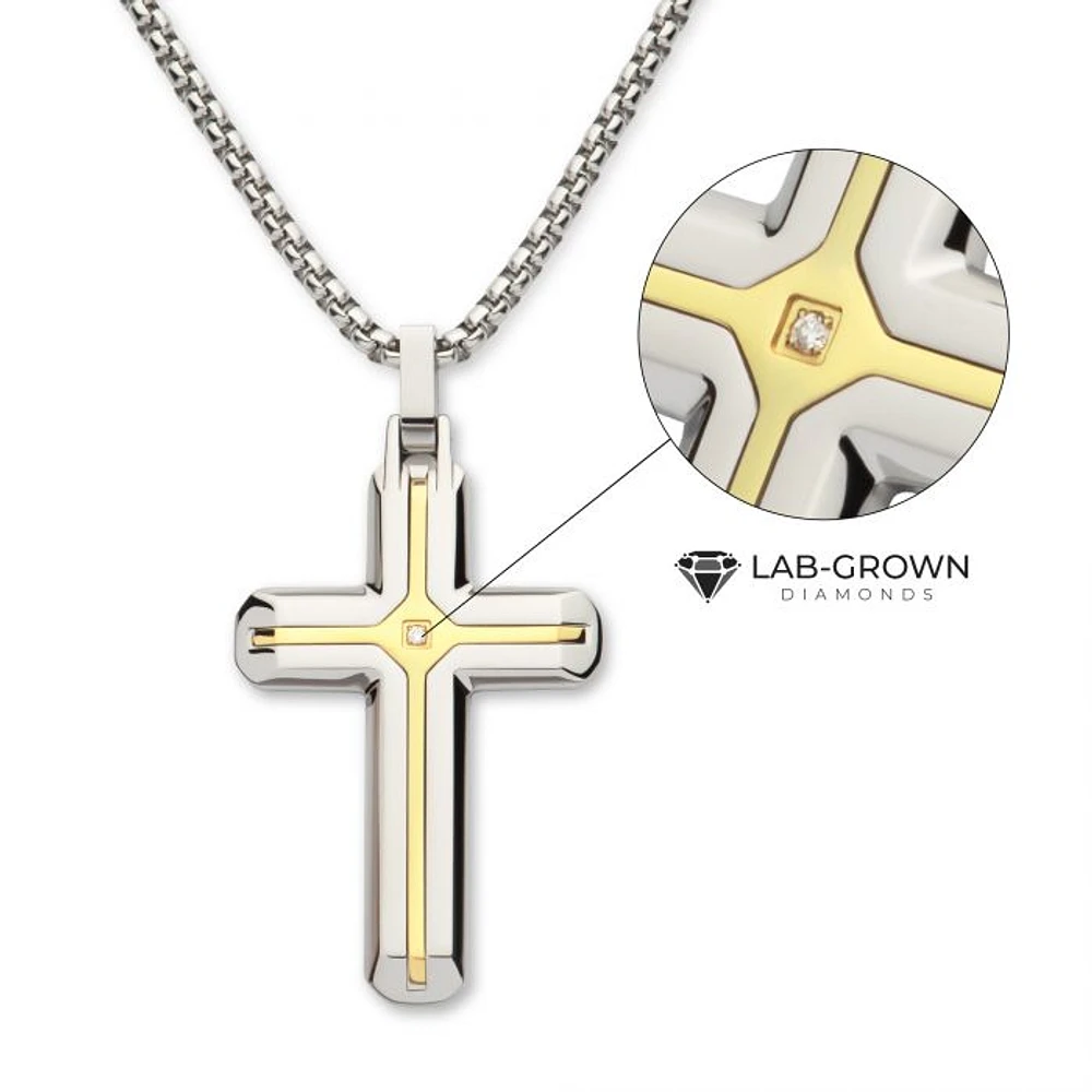 Pendentif croix en diamant cultivé en laboratoire en acier IP en or 18 carats avec chaîne vénitienne