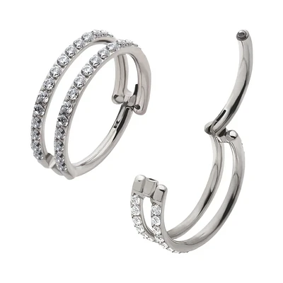 Double Line Jewelled Titanium Hinged Hoop