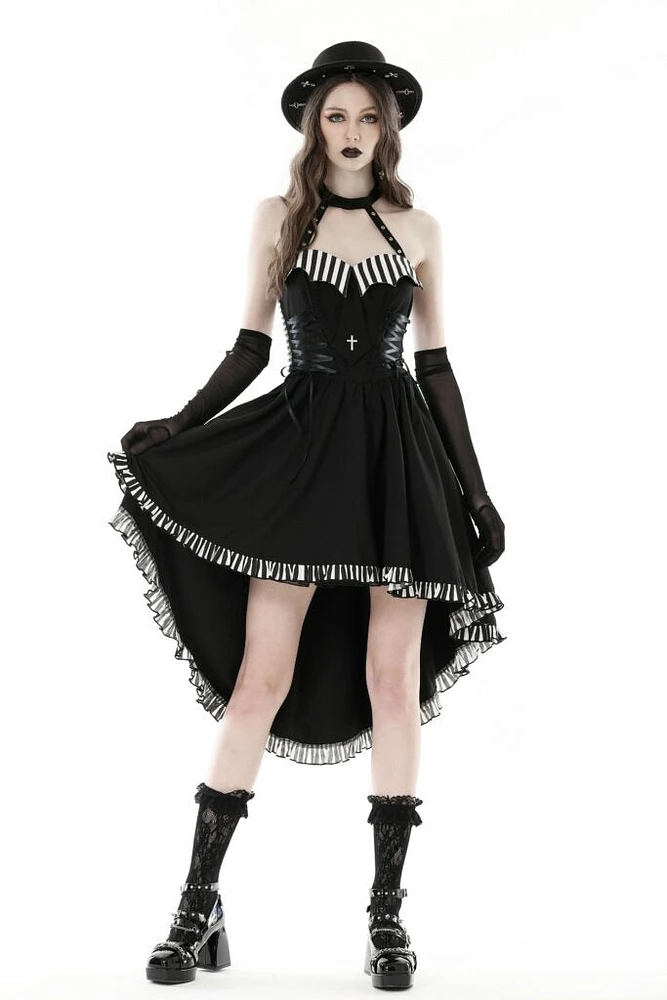 Robe haute basse noire à rayures croisées