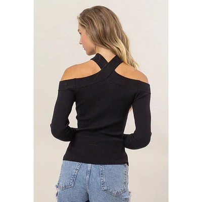 Ribbed Knit Halter Off The Shoulder Top