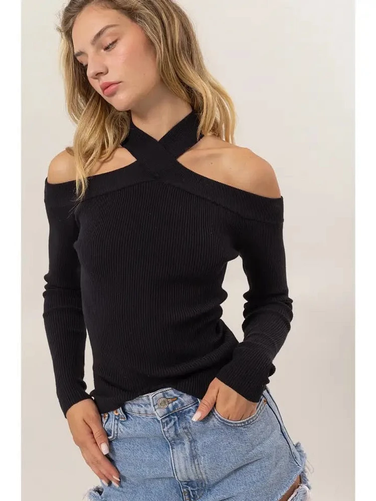 Ribbed Knit Halter Off The Shoulder Top