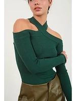 Ribbed Knit Halter Off The Shoulder Top