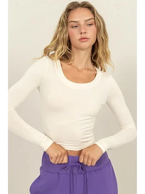 Cropped Scoop Neckline Long Sleeve Top