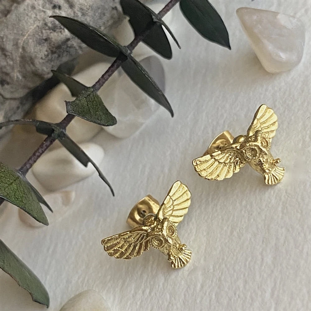 Hibou Raw Brass Owl Stud Earrings