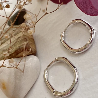 Lucille Thin Oblong Hinge Hoop Earrings Silver