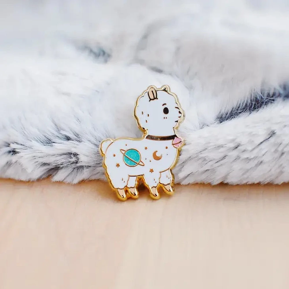 White With Glitter Planet Alpaca Pin