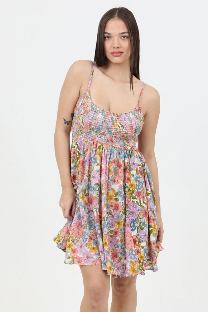Short Dress With Smocking And Deep V Ivory