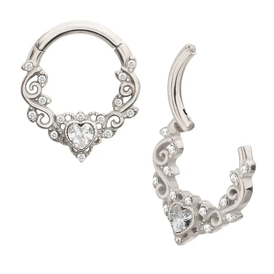 Heart Filigree Mini Round CZ Hinged Hoop