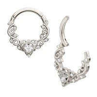 Heart Filigree Mini Round CZ Hinged Hoop