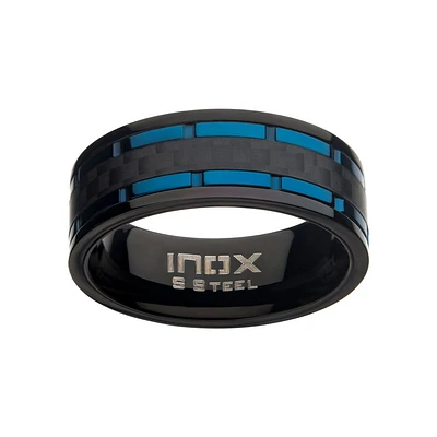 Black Carbon Fiber Hammered Ring with Blue IP Lines