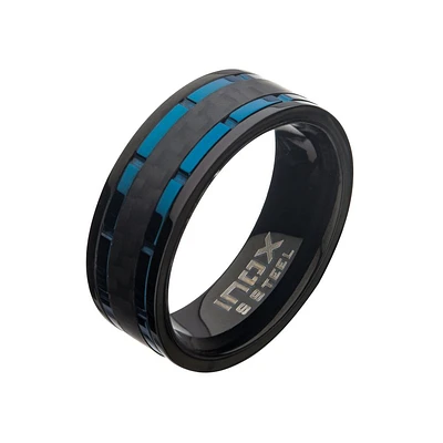 Black Carbon Fiber Hammered Ring with Blue IP Lines Size