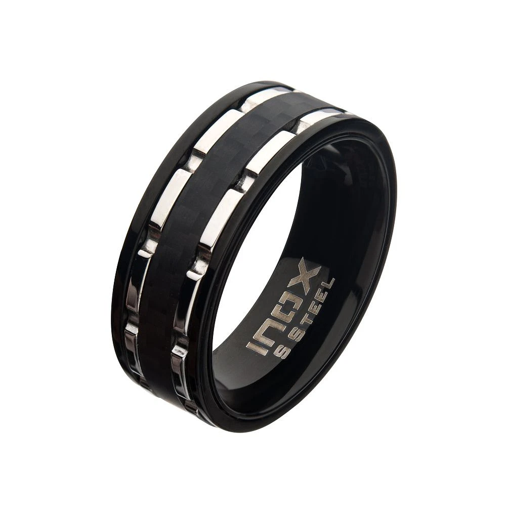 Anillo Martillado de Fibra de Carbono Negro con Líneas de Acero Inoxidable Talla