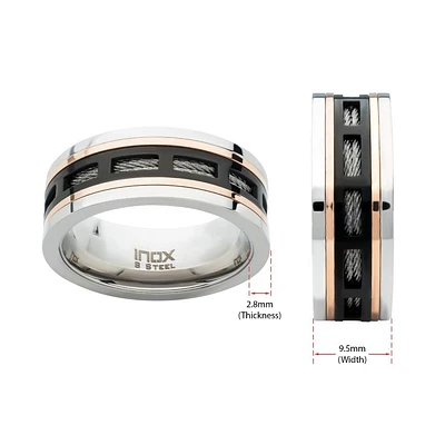 Fenêtre en acier IP noir et or rose avec incrustation de câble, bague Comfort Fit taille 9