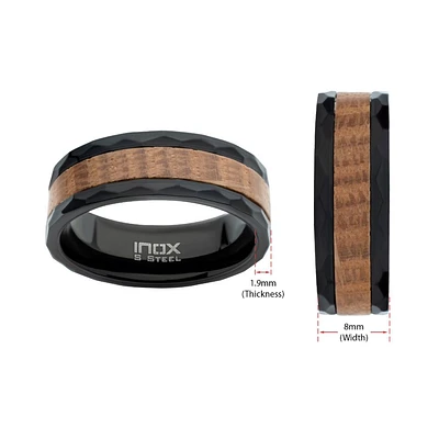 8mm Whiskey Barrel Wood Inlay Black IP Steel Comfort Fit Ring Size 11