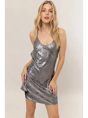 Metallic Cross Back Satin Slip Mini Dress