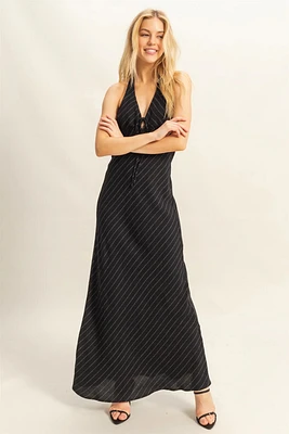 Striped Halter Neck Linen Maxi Dress