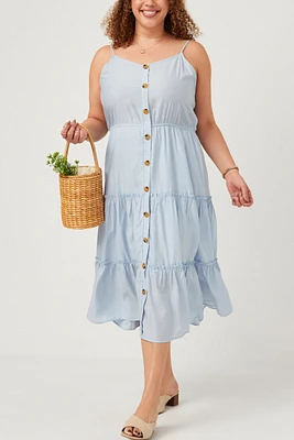 Button Down Ruffle Tiered Sleeveless Dress