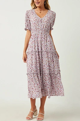 Robe fleurie à petites fleurs avec manches volants et boutons