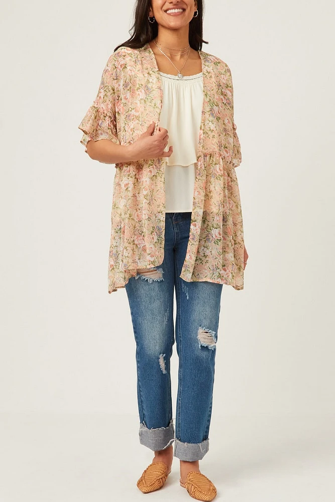 Antique Floral Ruffle Sleeve Cover Up