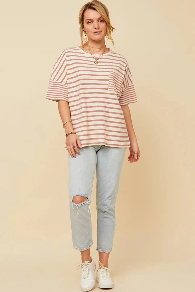 Waffle Texture Striped Oversize Tee