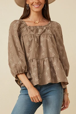 Brushed Floral Puff Sleeve Square Neck Top