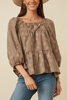 Brushed Floral Puff Sleeve Square Neck Top