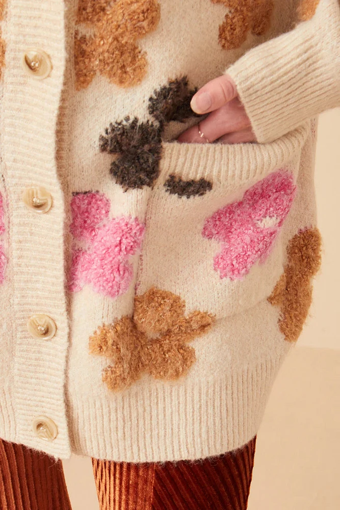 Fuzzy Floral Relaxed Cardigan Sweater