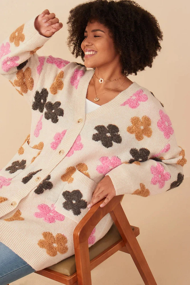 Fuzzy Floral Relaxed Cardigan Plus