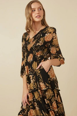 Floral Panel Smocked V Neck Dress