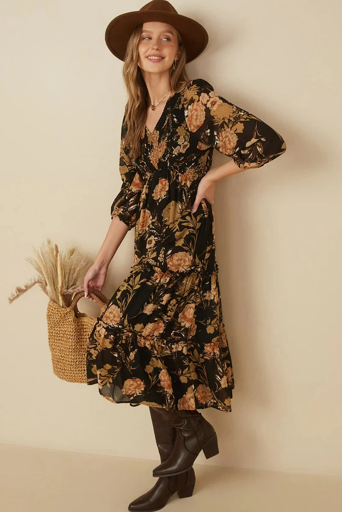 Floral Panel Smocked V Neck Dress