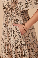 Botanical Print Cinch Waist Tiered Dress