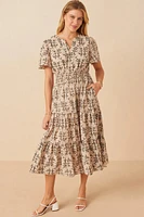 Botanical Print Cinch Waist Tiered Dress