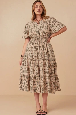 Botanical Print Cinch Waist Tiered Dress Plus