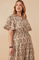 Botanical Print Cinch Waist Tiered Dress Plus