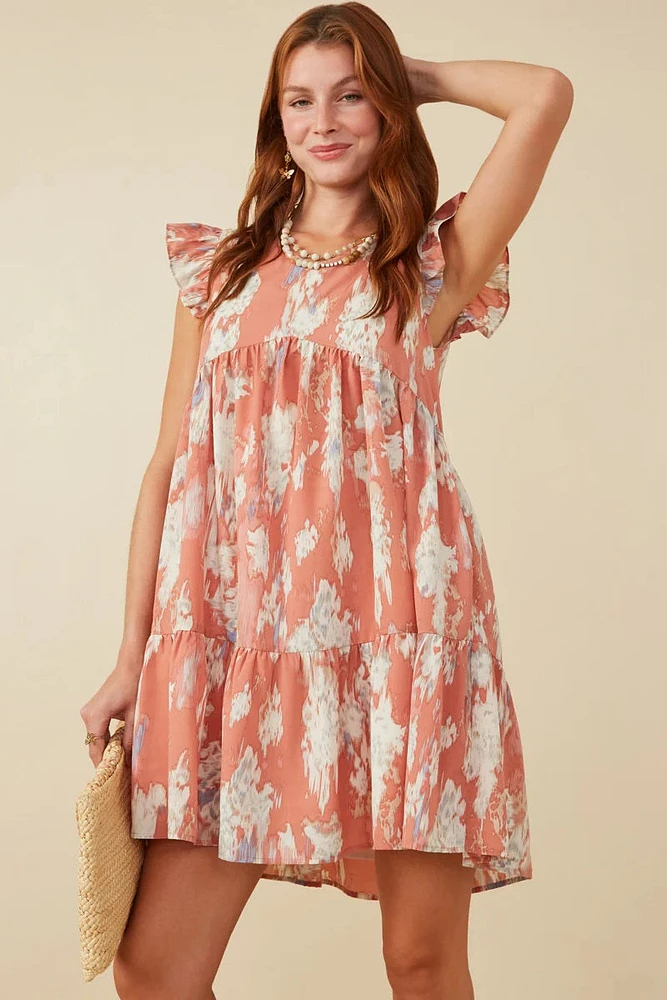 Watercolor Vneck Tiered Ruffle Dress