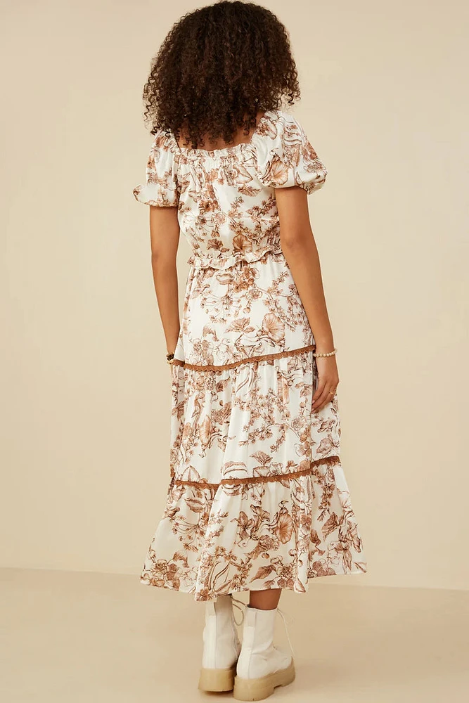 Botanical Print Lave Trimmed Satin Dress