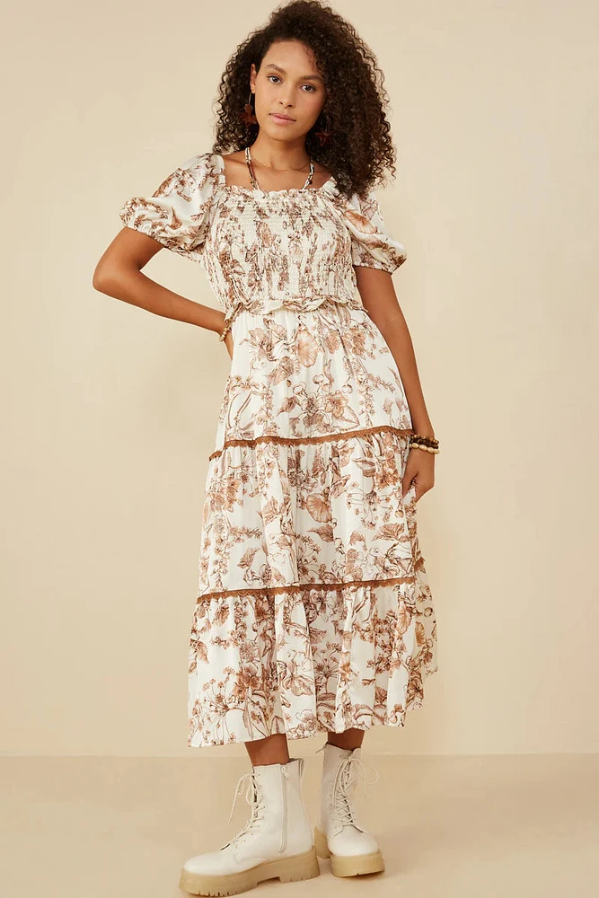 Botanical Print Lave Trimmed Satin Dress