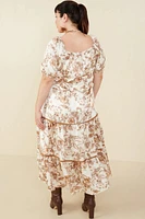 Botanical Print Lace Trimmed Satin Dress Plus