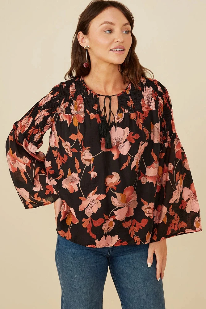 Textured Floral Smocked Tie Front Top