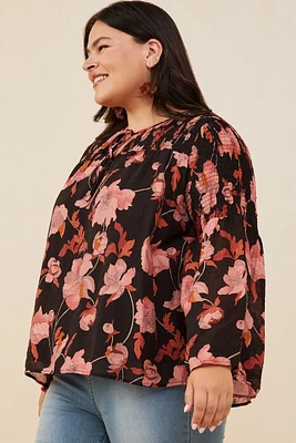 Textured Floral Smocked Tie Front Top Plus