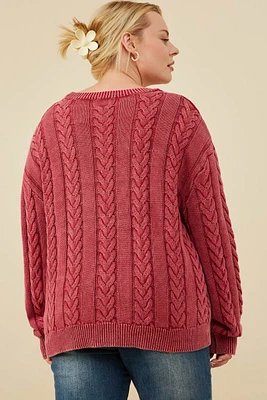 Cable Knit Washed Pullover Sweater Plus