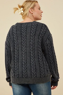 Cable Knit Washed Pullover Sweater Plus