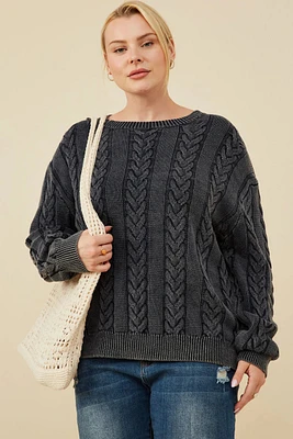 Cable Knit Washed Pullover Sweater Plus