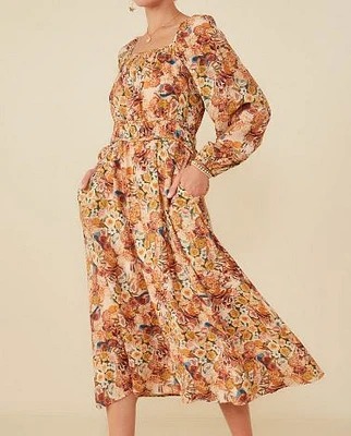 Floral Fruit Print Gathered Waist Dress