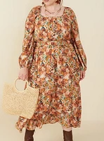 Floral Fruit Print Gathered Waist Dress Plus