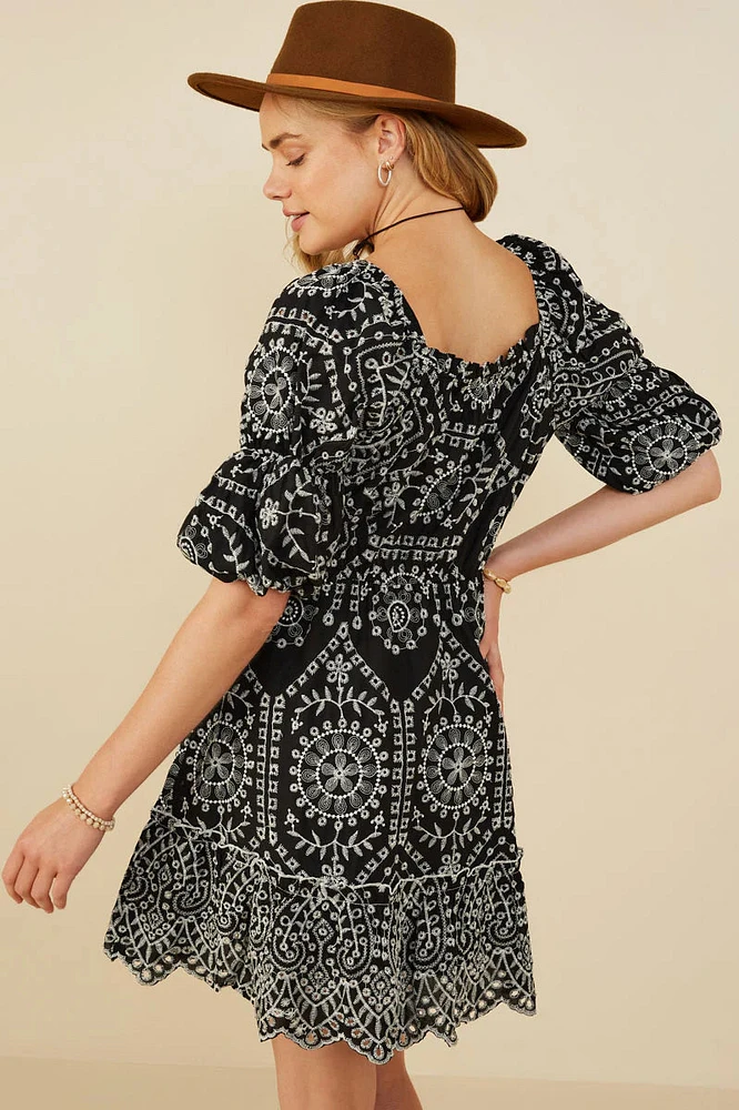 Eyelet Embroidered Puff Slv Dress