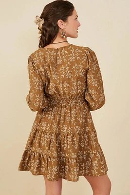 Notch Detail Long Sleeve Floral Dress