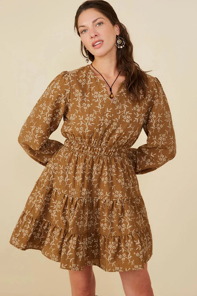 Notch Detail Long Sleeve Floral Dress