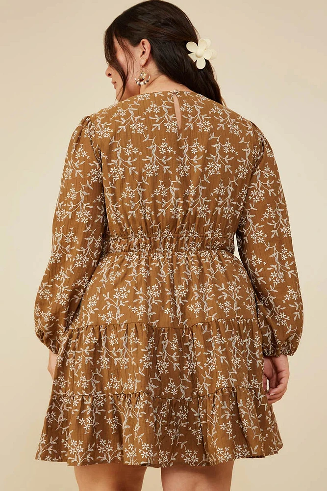 Notch Detail Long Sleeve Floral Dress Plus